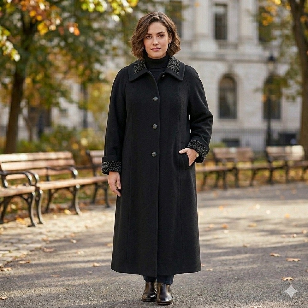 Vintage Wool Coat Women 16W Black Leopard Velvet Print Accents Longline USA Made